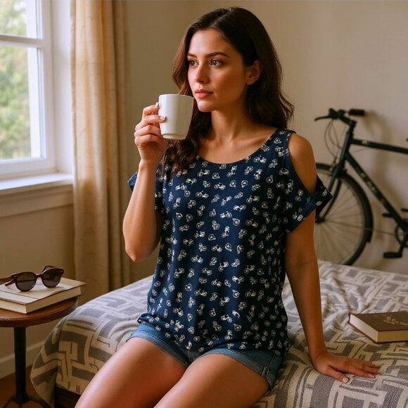 W5 ✦ Womens Navy Cold Shoulder Top S ✦ Rayon Bicycle Print Casual Pullover - Picture 1 of 11